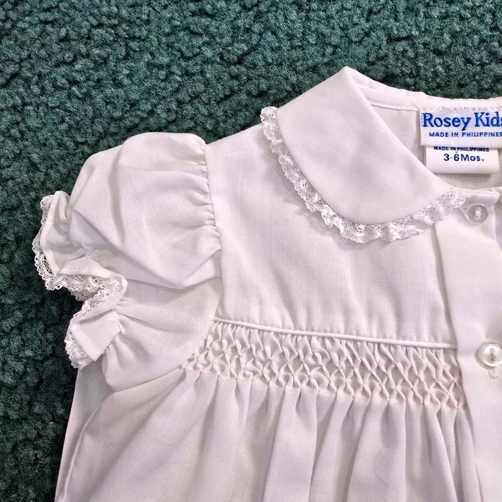 Rosey Kids Vintage White Smocked Floral Embroidered‎ Footed Pant Set 3-6 Mos NWT